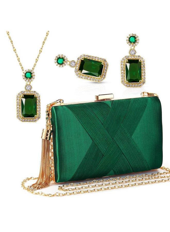 Jadive 3 Pcs Women Green Clutch Emerald Green Purse Handbag Evening Purses Bag For Wedding Vintage Banquet Handbag Retro Earrings Necklace Jewelry Set - Image 1