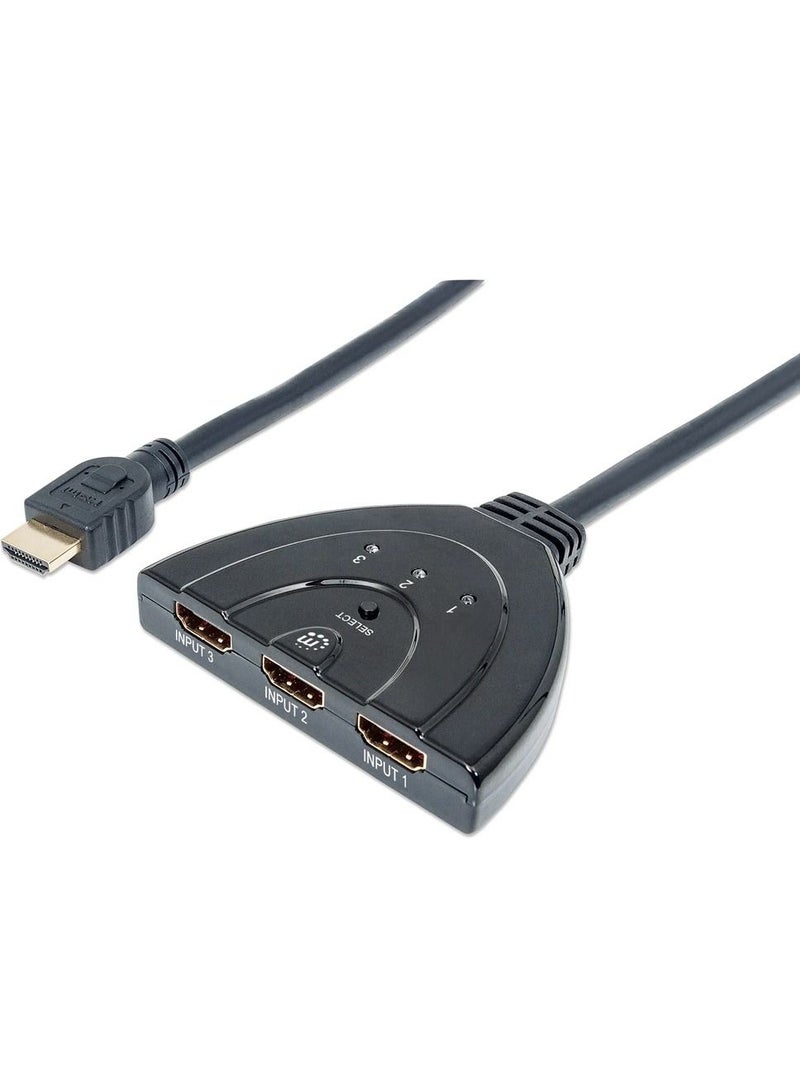 Manhattan 207843 3-port HDMI Switch 1080P Integrated Cable - Black - Image 1
