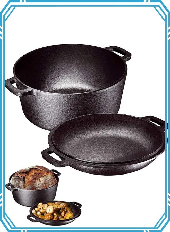 أبيكس وعاء فرن هولندي مع غطاء، مقالي من الحديد الزهر، فرن هولندي 2 في 1 لخبز الخبز، فرن هولندي مزدوج سعة 5 كوارت للشواية والموقد والشواء والتخييم - Image 1