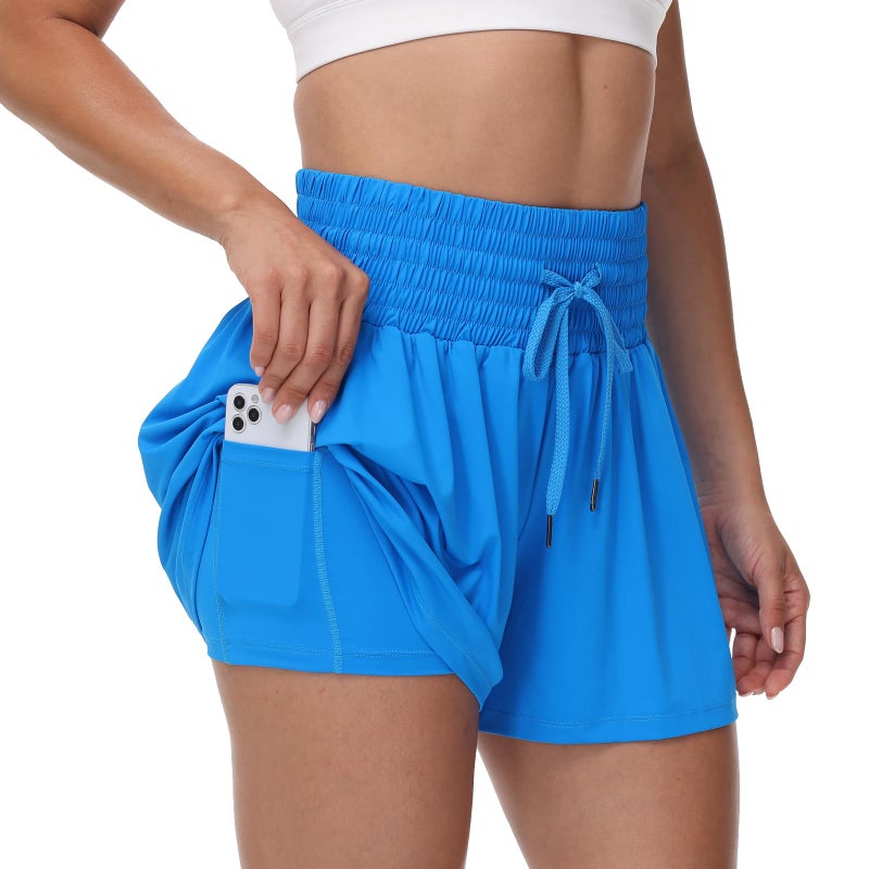 Blaosn Flowy Athletic Shorts for Women Workout Running Gym Yoga Sport Short Pants Sweat Tennis Skirt Skort High Waisted with Pockets Biker Spandex Cute Comfy Lounge Trendy Clothes Casual Summer Blue S - Image 1