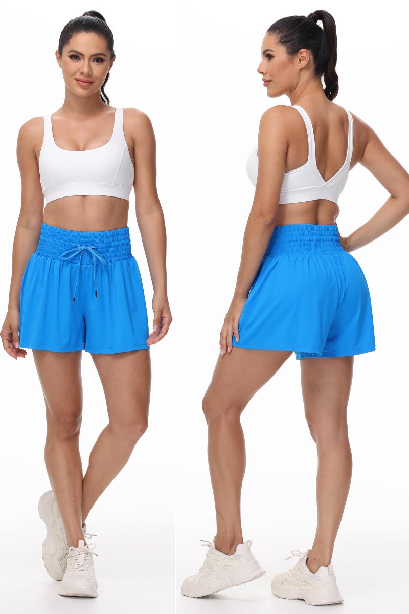 Blaosn Flowy Athletic Shorts for Women Workout Running Gym Yoga Sport Short Pants Sweat Tennis Skirt Skort High Waisted with Pockets Biker Spandex Cute Comfy Lounge Trendy Clothes Casual Summer Blue S - Image 2