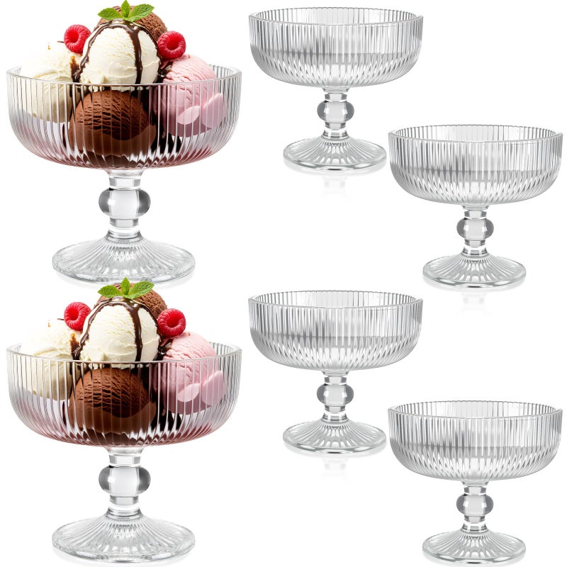 Vesici 6 Pcs Vintage Glass Dessert Bowls 9 oz Ice Cream Cups Trifle Pedestal Bowl Vintage Strips Embossed Glass Dishes for Candy Fruit Salad for Home Party Wedding(Clear) - Image 1
