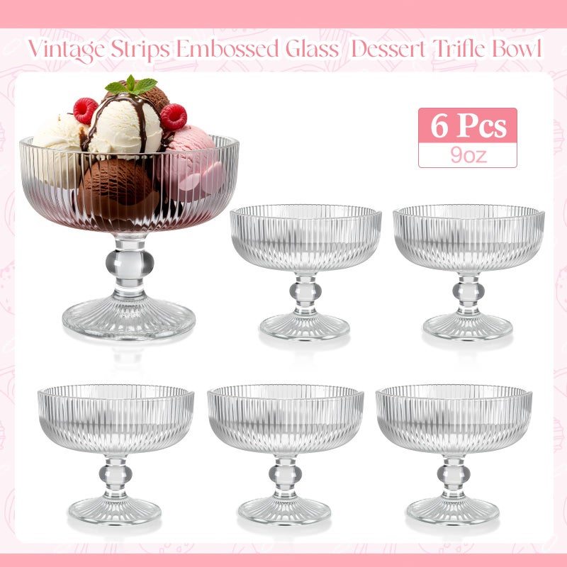 Vesici 6 Pcs Vintage Glass Dessert Bowls 9 oz Ice Cream Cups Trifle Pedestal Bowl Vintage Strips Embossed Glass Dishes for Candy Fruit Salad for Home Party Wedding(Clear) - Image 2
