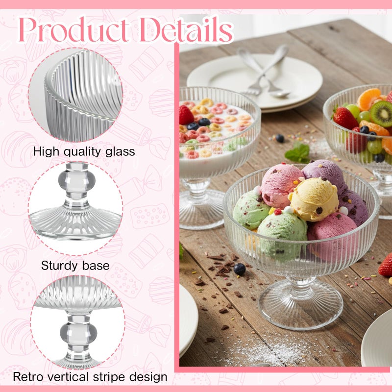 Vesici 6 Pcs Vintage Glass Dessert Bowls 9 oz Ice Cream Cups Trifle Pedestal Bowl Vintage Strips Embossed Glass Dishes for Candy Fruit Salad for Home Party Wedding(Clear) - Image 4
