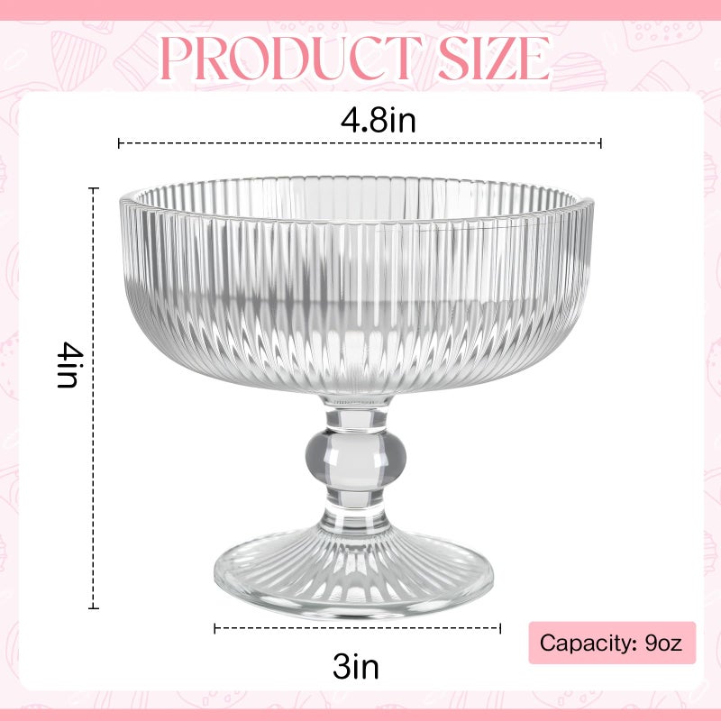 Vesici 6 Pcs Vintage Glass Dessert Bowls 9 oz Ice Cream Cups Trifle Pedestal Bowl Vintage Strips Embossed Glass Dishes for Candy Fruit Salad for Home Party Wedding(Clear) - Image 3