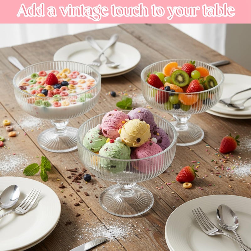 Vesici 6 Pcs Vintage Glass Dessert Bowls 9 oz Ice Cream Cups Trifle Pedestal Bowl Vintage Strips Embossed Glass Dishes for Candy Fruit Salad for Home Party Wedding(Clear) - Image 5