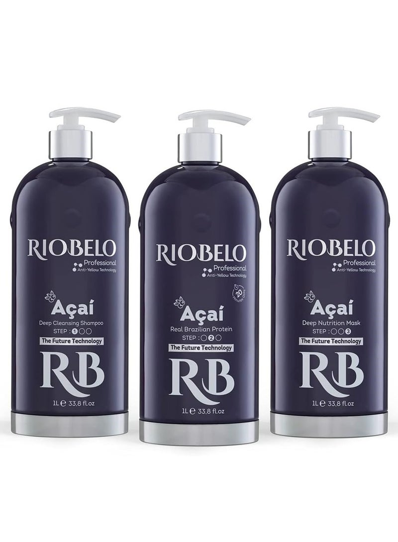 RIOBELO Hair Protein, Açaí Protein Treatment for Hair, Brazilian Protein Hair Kit for Blond & Dyed Hair by RIOBELO Professional Real, 1L - 3 Steps Home Care Kit - Image 1