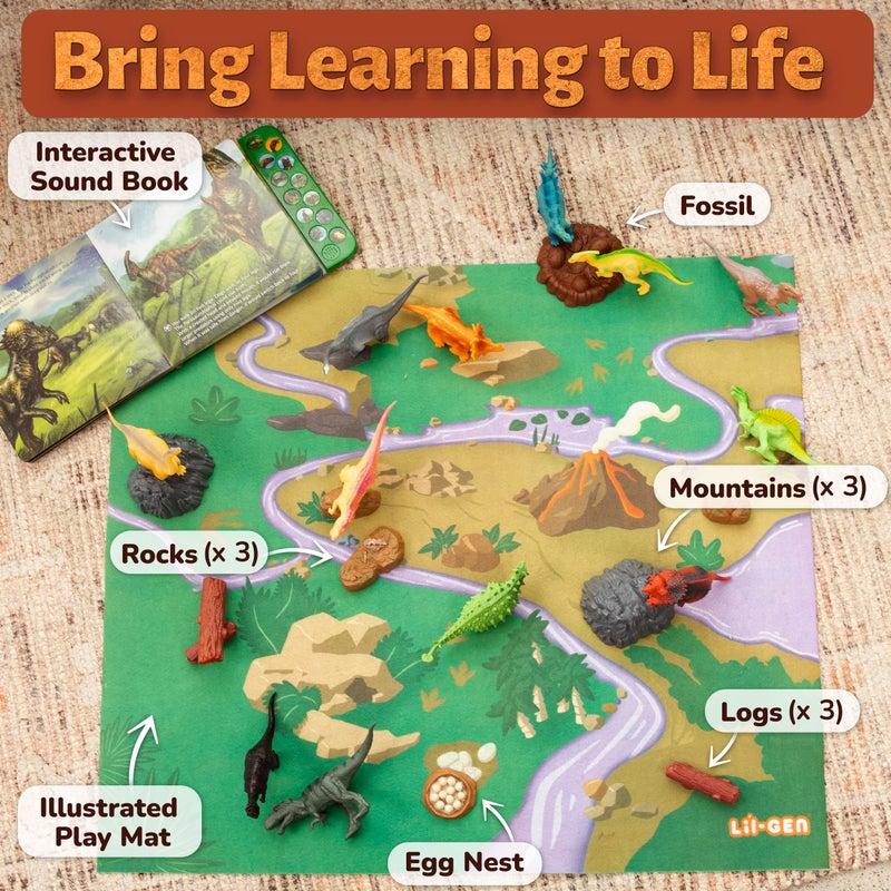 Li'l-Gen Dinosaur Toys for Boys and Girls - 12 Realistic 7-Inch Dinosaur Figures with Interactive Sound Book - Includes Play Mat, Trees, Rocks, Fossils, and More - Educational Toys for Kids Ages 3-5 - Image 3
