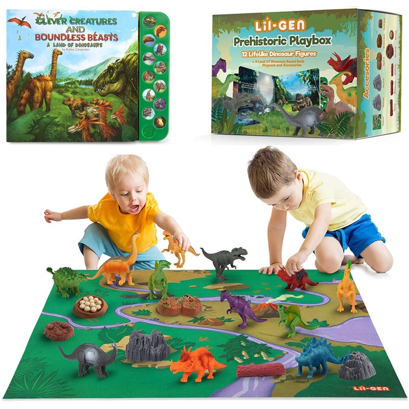 Li'l-Gen Dinosaur Toys for Boys and Girls - 12 Realistic 7-Inch Dinosaur Figures with Interactive Sound Book - Includes Play Mat, Trees, Rocks, Fossils, and More - Educational Toys for Kids Ages 3-5 - Image 1