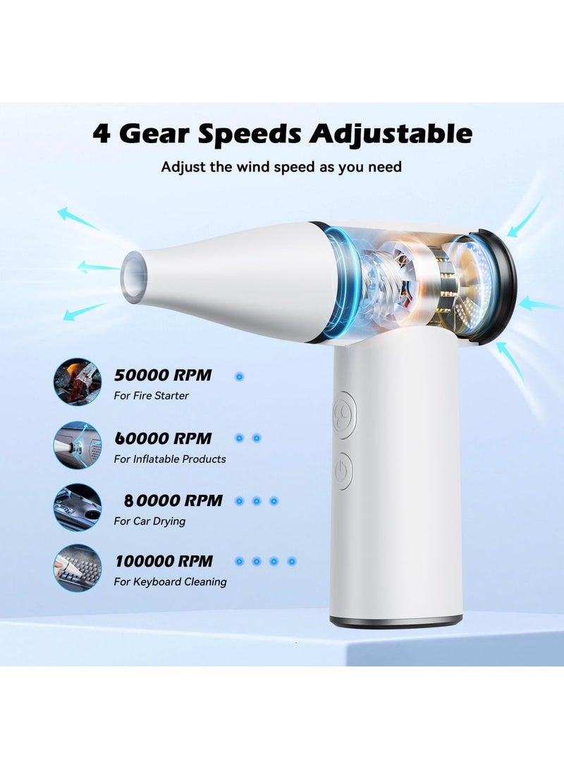 Barakah منفاخ هواء مضغوط، منفاخ هواء كهربائي لاسلكي مع 4 أوضاع سرعة، تنظيف معزز بسرعة 100000 دورة في الدقيقة، بطارية قابلة للشحن بسعة 3300 مللي أمبير، منفاخ جاف من الجيل الجديد لتنظيف لوحات مفاتيح الكمبيوتر وتنظيف السيارات، أبيض - Image 2