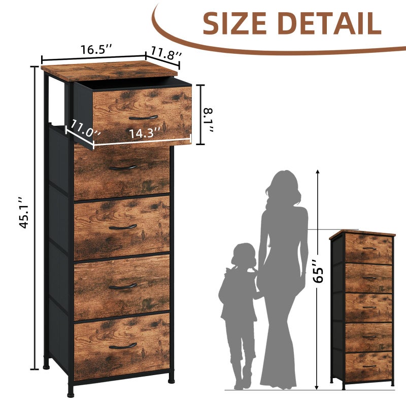 Somdot Tall Dresser for Bedroom with 5 Drawers, Storage Organizer Chest of Drawers with Removable Fabric Bins for Closet Bedside Living Room Laundry Entryway Hallway, Wood Grain Print - Image 3