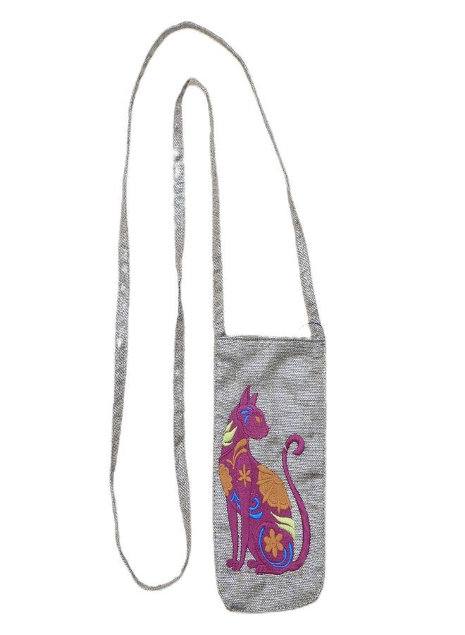 LOOK Homemade Hand Embroidered Side Sling 100% Cotton Hand bag Mobile Pouch for Women Cum Cross Body Sling Bag Pink cat Design - Image 1