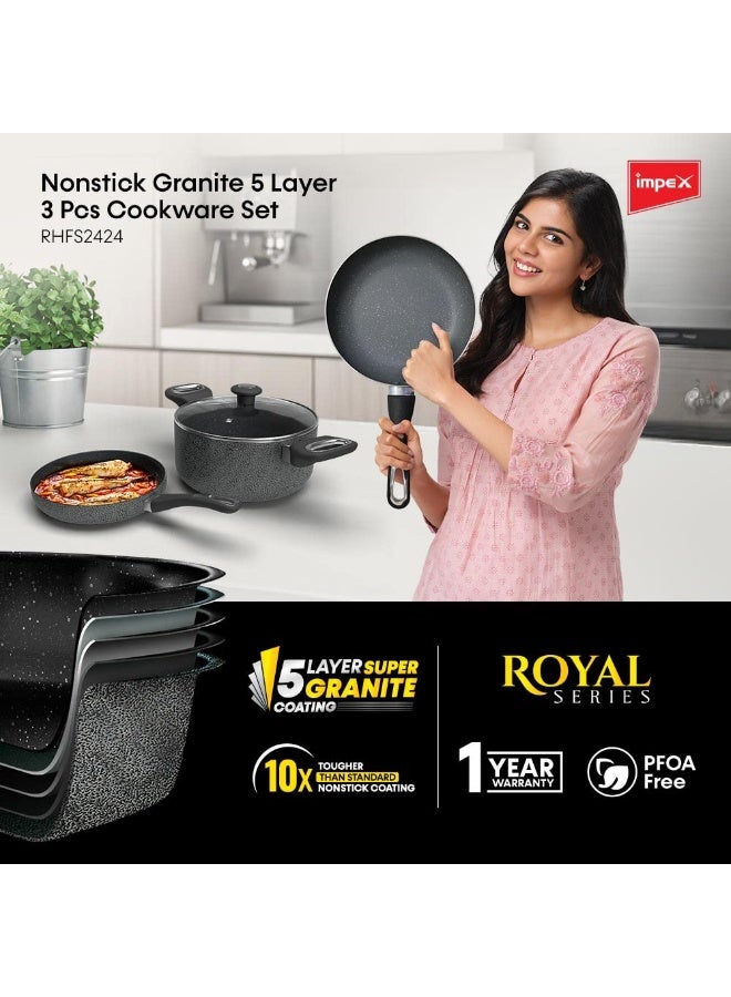 Impex 2 Pcs Nonstick Granite Cookware Set Royal, 10 Times Tougher than Standard Non stick, 5 Layer Super Granite Coating, PFOA Free and Healthy Cooking, Non stick Granite Cookware set with 24 cm Frypan and 24 cm Saucepan with Glass Lid Combo With 1 Yr Warranty - Image 2
