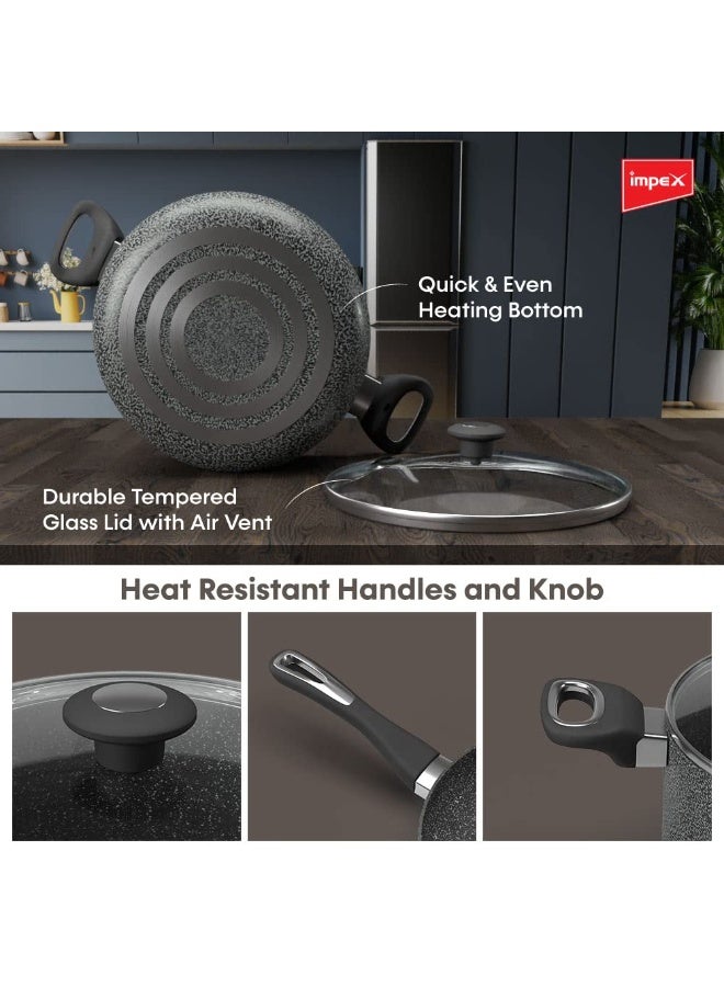 Impex 2 Pcs Nonstick Granite Cookware Set Royal, 10 Times Tougher than Standard Non stick, 5 Layer Super Granite Coating, PFOA Free and Healthy Cooking, Non stick Granite Cookware set with 24 cm Frypan and 24 cm Saucepan with Glass Lid Combo With 1 Yr Warranty - Image 4