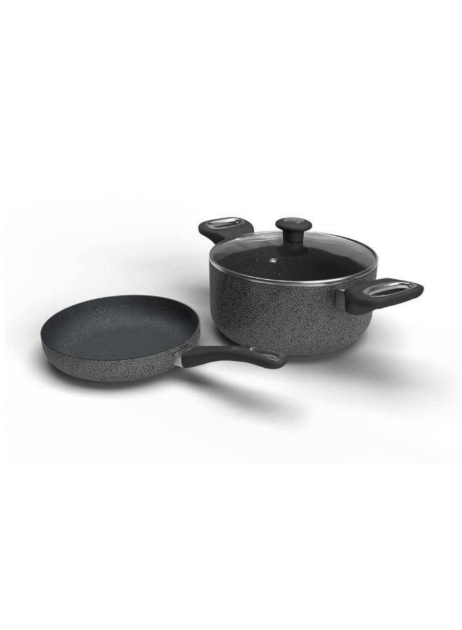 Impex 2 Pcs Nonstick Granite Cookware Set Royal, 10 Times Tougher than Standard Non stick, 5 Layer Super Granite Coating, PFOA Free and Healthy Cooking, Non stick Granite Cookware set with 24 cm Frypan and 24 cm Saucepan with Glass Lid Combo With 1 Yr Warranty - Image 1