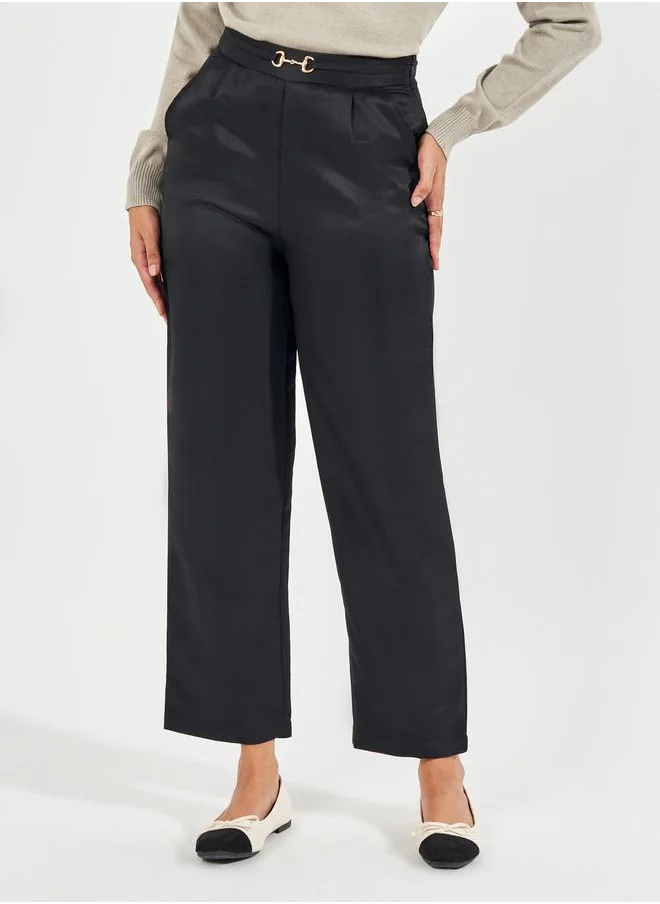 Styli High Rise Straight Leg Pants with Metal Accent