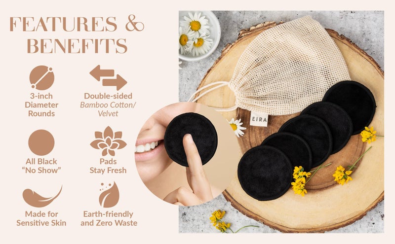 Eira Vancouver EIRA's Washable Makeup Remover Pads - Black Bamboo Reusable Cotton Rounds with Wooden Holder. Makeup Remover Cloths - Eco-Friendly - Zero Waste Reusable Makeup Remover Pads Set - Image 3