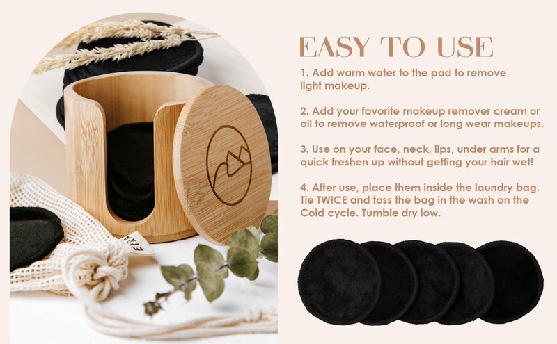 Eira Vancouver EIRA's Washable Makeup Remover Pads - Black Bamboo Reusable Cotton Rounds with Wooden Holder. Makeup Remover Cloths - Eco-Friendly - Zero Waste Reusable Makeup Remover Pads Set - Image 5