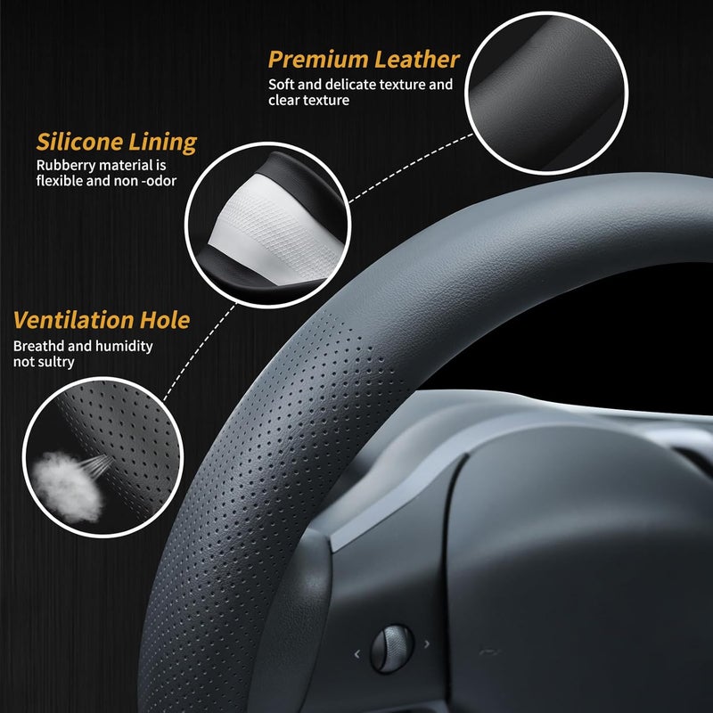 Uxcer Nappa Leather Steering Wheel Cover for Tesla Model 3/Y 2016-2024, Non-Slip Breathable Tesla Model 3/Y Steering Wheel Protector, Black - Image 5