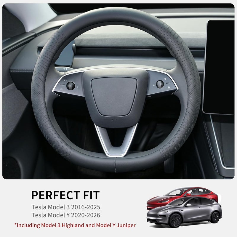 Uxcer Nappa Leather Steering Wheel Cover for Tesla Model 3/Y 2016-2024, Non-Slip Breathable Tesla Model 3/Y Steering Wheel Protector, Black - Image 2