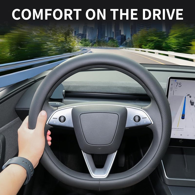 Uxcer Nappa Leather Steering Wheel Cover for Tesla Model 3/Y 2016-2024, Non-Slip Breathable Tesla Model 3/Y Steering Wheel Protector, Black - Image 3