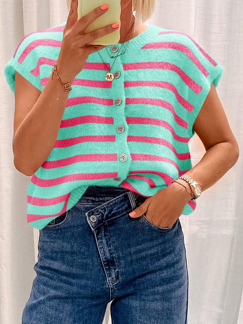 Cicy Bell Womens Striped Cap Sleeve Sweater Vest Crew Neck Button Down Cardigan Cute Knit Tops Green - Image 3