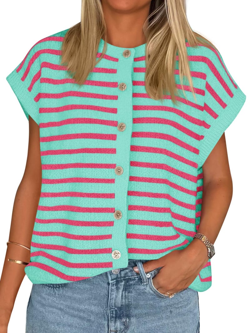 Cicy Bell Womens Striped Cap Sleeve Sweater Vest Crew Neck Button Down Cardigan Cute Knit Tops Green - Image 1