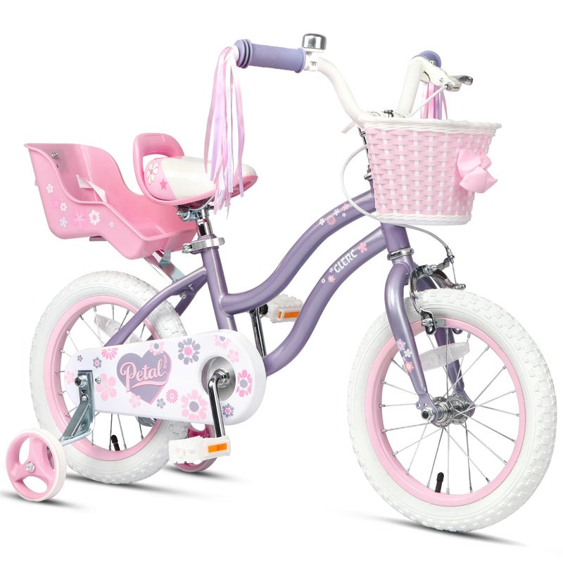 Glerc Petal Girls Bike, 12 Inch Kids Bike for Ages 2-4 Years Old, Princess Style Toddler Bike with Training Wheels & Basket & Streamers, Purple - Image 1