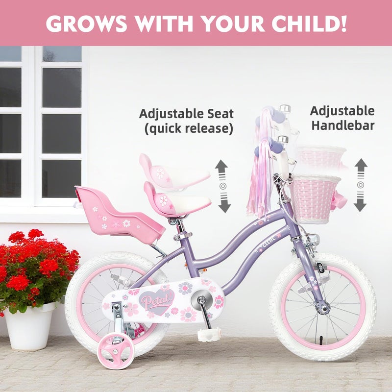 Glerc Petal Girls Bike, 12 Inch Kids Bike for Ages 2-4 Years Old, Princess Style Toddler Bike with Training Wheels & Basket & Streamers, Purple - Image 4