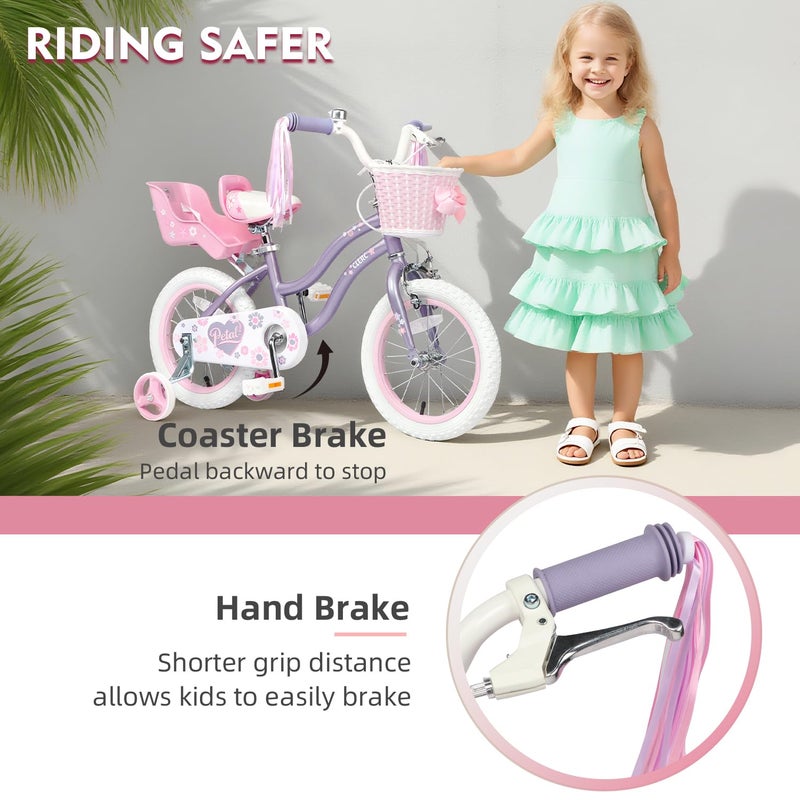Glerc Petal Girls Bike, 12 Inch Kids Bike for Ages 2-4 Years Old, Princess Style Toddler Bike with Training Wheels & Basket & Streamers, Purple - Image 3