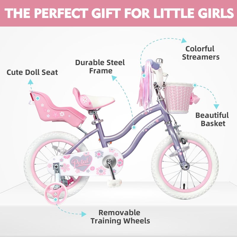 Glerc Petal Girls Bike, 12 Inch Kids Bike for Ages 2-4 Years Old, Princess Style Toddler Bike with Training Wheels & Basket & Streamers, Purple - Image 2