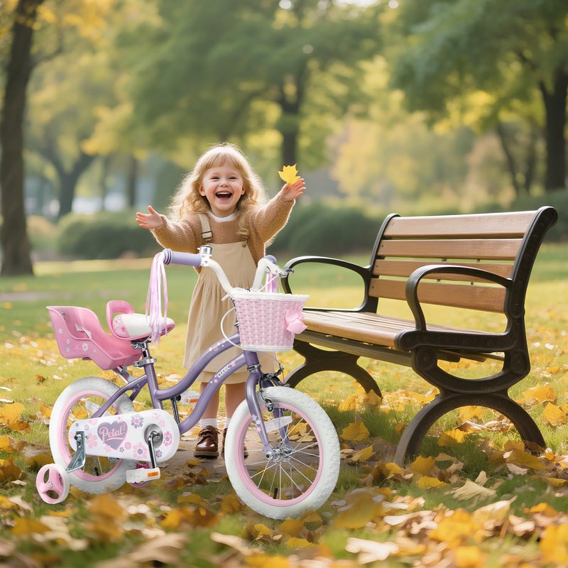 Glerc Petal Girls Bike, 12 Inch Kids Bike for Ages 2-4 Years Old, Princess Style Toddler Bike with Training Wheels & Basket & Streamers, Purple - Image 5