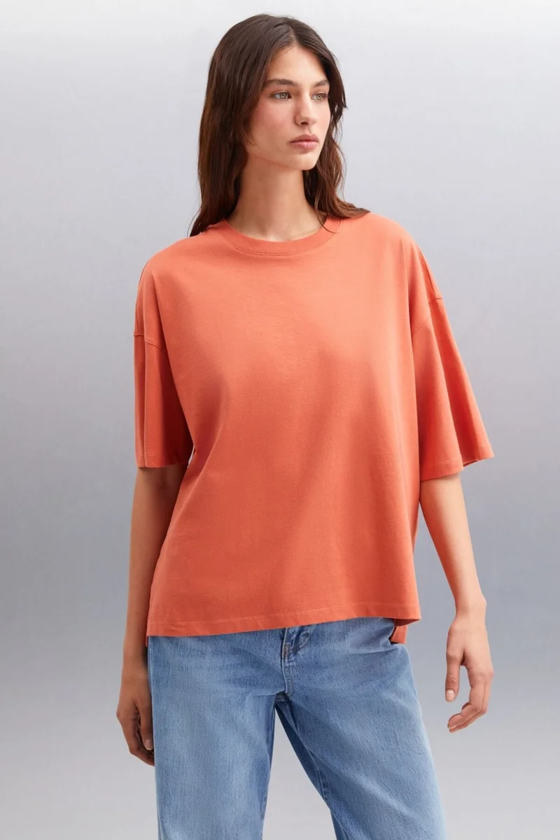 GRIMELANGE Jemmy Women's Basic Jersey Woven Relaxed 100% Organic Cotton Brick Color T-shirt