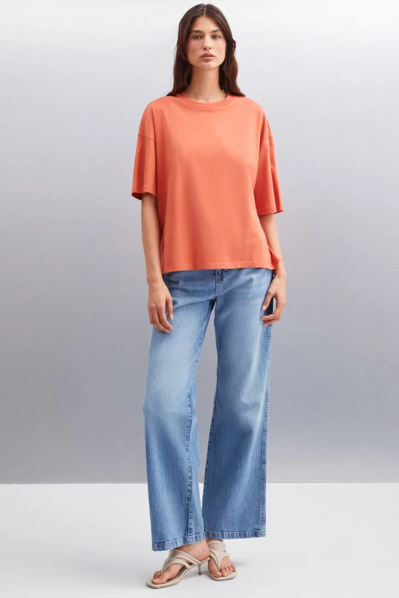 GRIMELANGE Jemmy Women's Basic Jersey Woven Relaxed 100% Organic Cotton Brick Color T-shirt