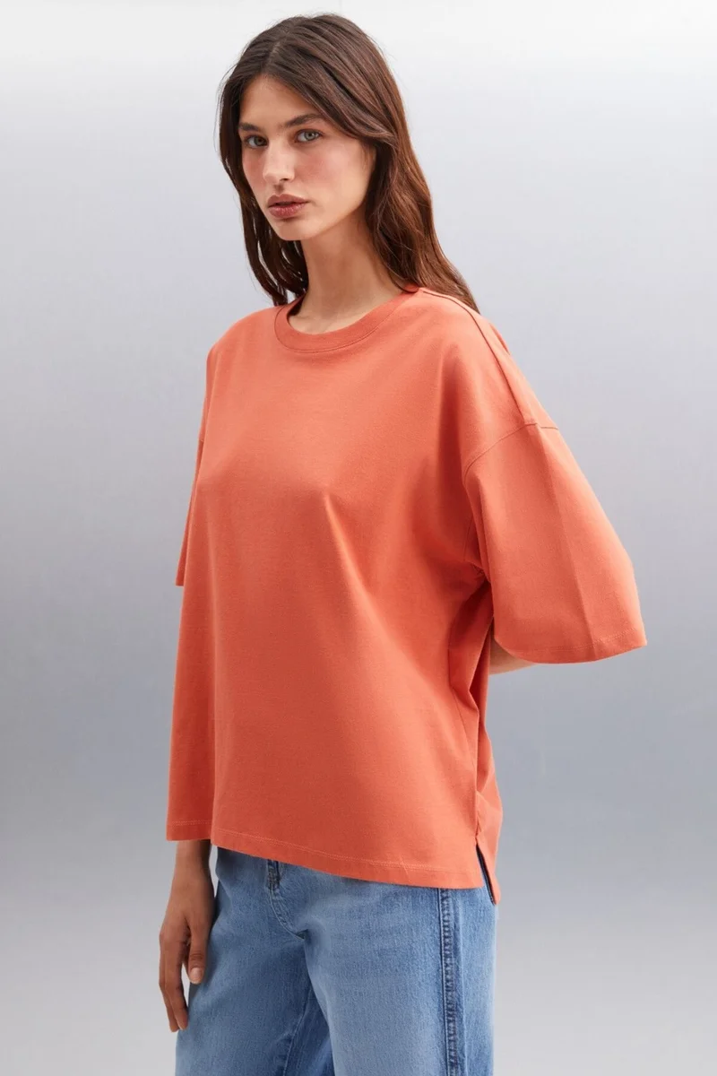 GRIMELANGE Jemmy Women's Basic Jersey Woven Relaxed 100% Organic Cotton Brick Color T-shirt