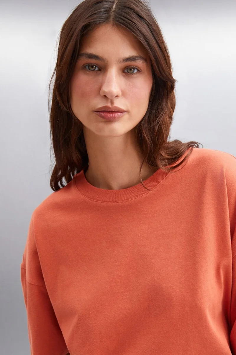 GRIMELANGE Jemmy Women's Basic Jersey Woven Relaxed 100% Organic Cotton Brick Color T-shirt