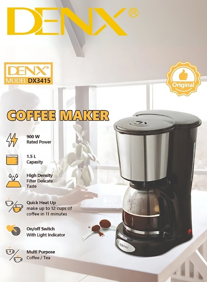 DENX Coffee Maker DX3415 – 1.5L Capacity, 900W Power, High-Density Filter, Brews up to 12 Cups in 11 Minutes, Suitable for Coffee and Tea, Elegant Design with On/Off Light Indicator - Image 5
