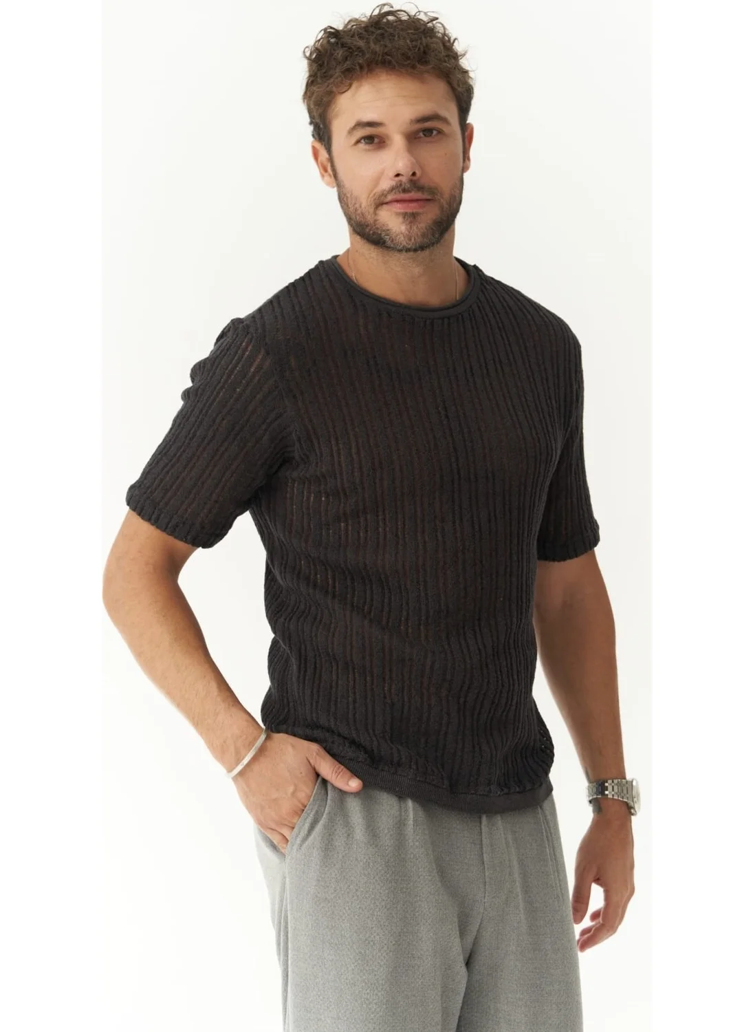 Bohemai Joseph Men's Round Collar Smoked Knitwear T-Shirt