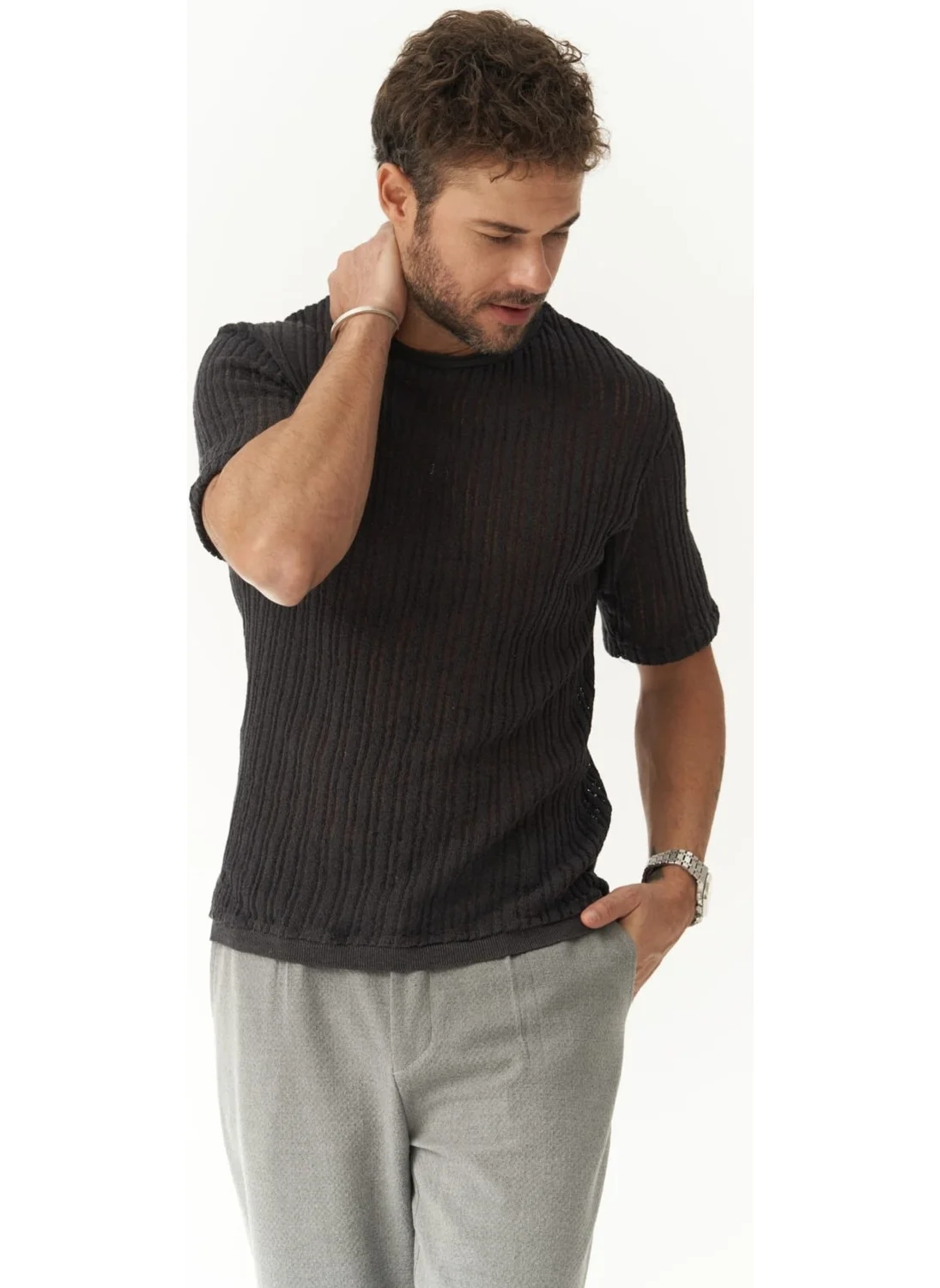 Bohemai Joseph Men's Round Collar Smoked Knitwear T-Shirt