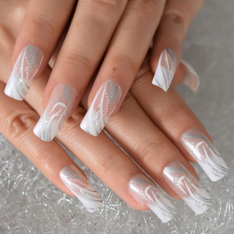EchiQ Square Fake Nails Long Length Predesigned False Nails (Clear white) - Image 2