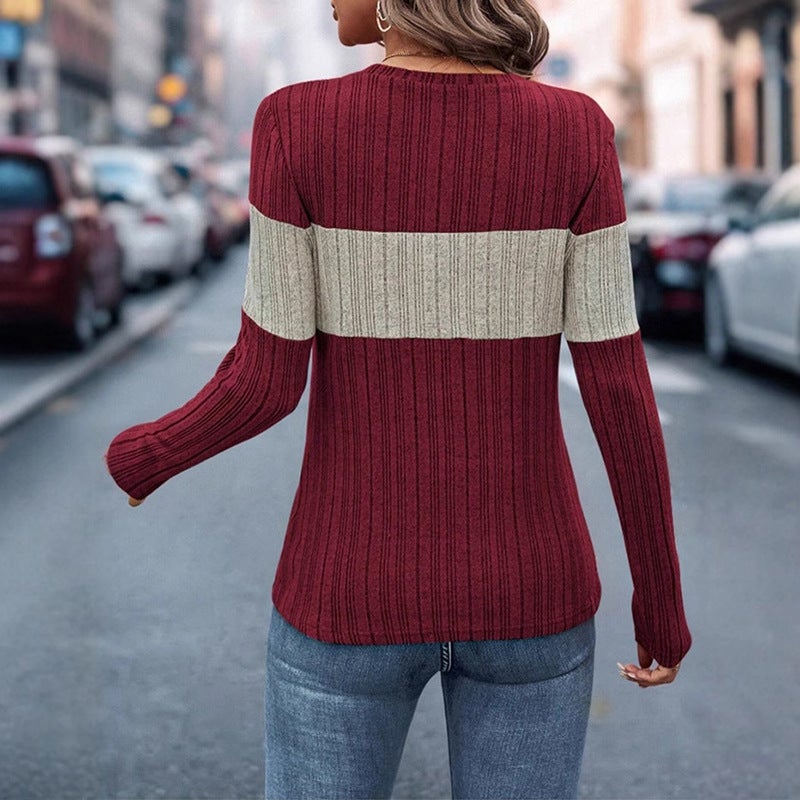Women'S Clothing 2025 Spring New Temu Independent Station Casual Color Matching Pit Strip T-Shirt Crew Neck Women - Image 3