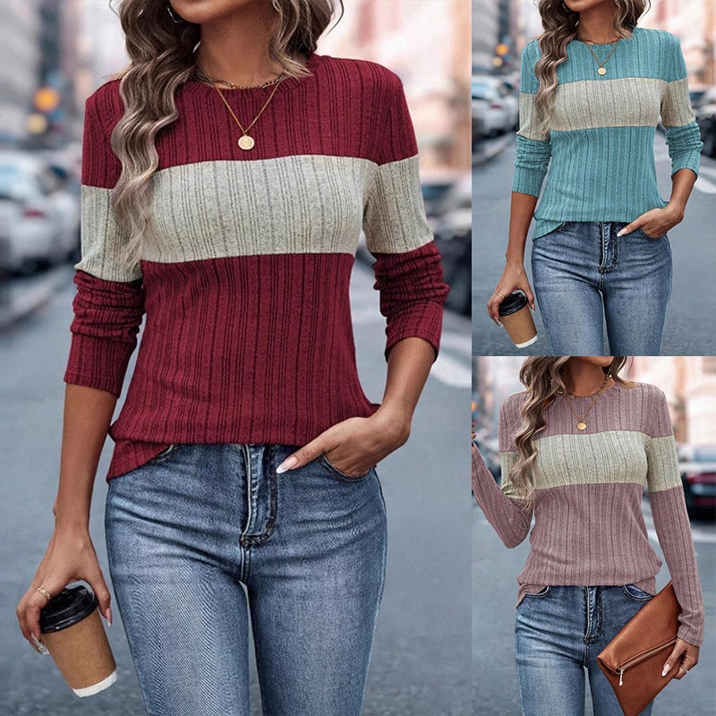 Women'S Clothing 2025 Spring New Temu Independent Station Casual Color Matching Pit Strip T-Shirt Crew Neck Women - Image 2