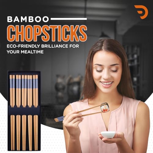 DRAVINA Bamboo Chopsticks 2Cm- Reusable, BPA-Free, Odorless & Heat Resistant | Dishwasher Safe Solid Bamboo Chopsticks, Non-Slip (Blue - 10 Pairs (Pack of 20)) - Image 2