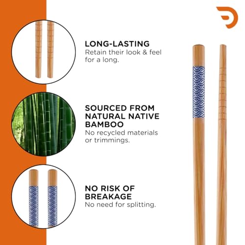 DRAVINA Bamboo Chopsticks 2Cm- Reusable, BPA-Free, Odorless & Heat Resistant | Dishwasher Safe Solid Bamboo Chopsticks, Non-Slip (Blue - 10 Pairs (Pack of 20)) - Image 3