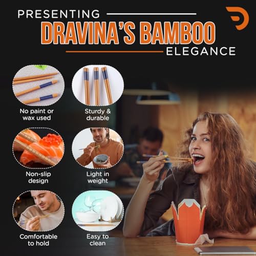 DRAVINA Bamboo Chopsticks 2Cm- Reusable, BPA-Free, Odorless & Heat Resistant | Dishwasher Safe Solid Bamboo Chopsticks, Non-Slip (Blue - 10 Pairs (Pack of 20)) - Image 4