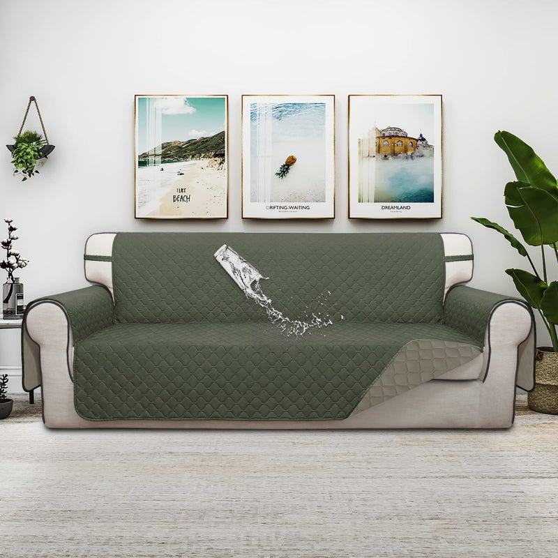Issuntex Double Protection 100% Waterproof Sofa Covers For Living Room Couch Covers For 3 Cushion Couch Sofa Reversible Furniture Protector Sofa Cover For Dogs Pets (Sofa Greyish Green/Beige) - Image 2