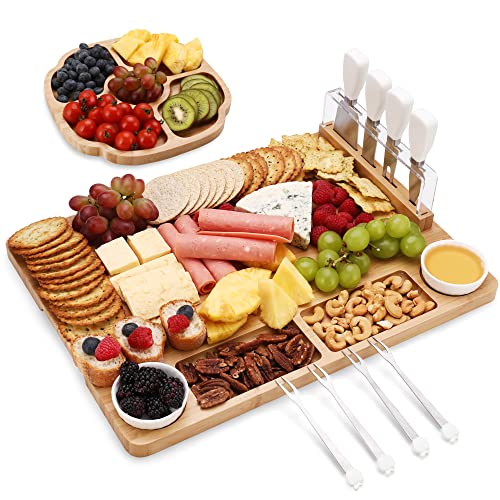 hecef Large Charcuterie Board Set of 13 A Bamboo Cheese Board and Snack Tray 2 Ceramic Bowls 4 Server Forks 4 Knives Set Appetizer Platter for Birthdays Weddings Housewarming