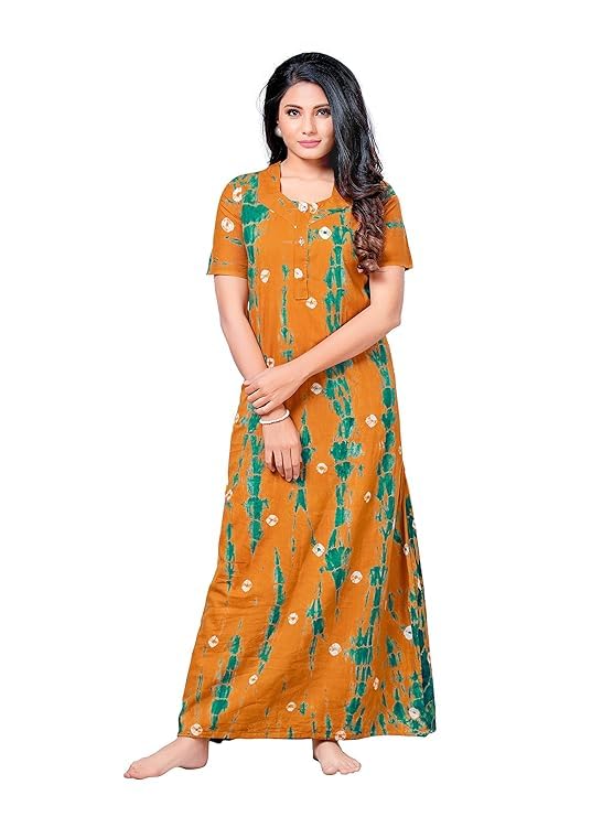 KBNBJ Nighty for Women Cotton Printed Maxi Gown Ankle Length Nighty Night Dress Gown for Women Maxi - (Free Size, Orange) - Image 1
