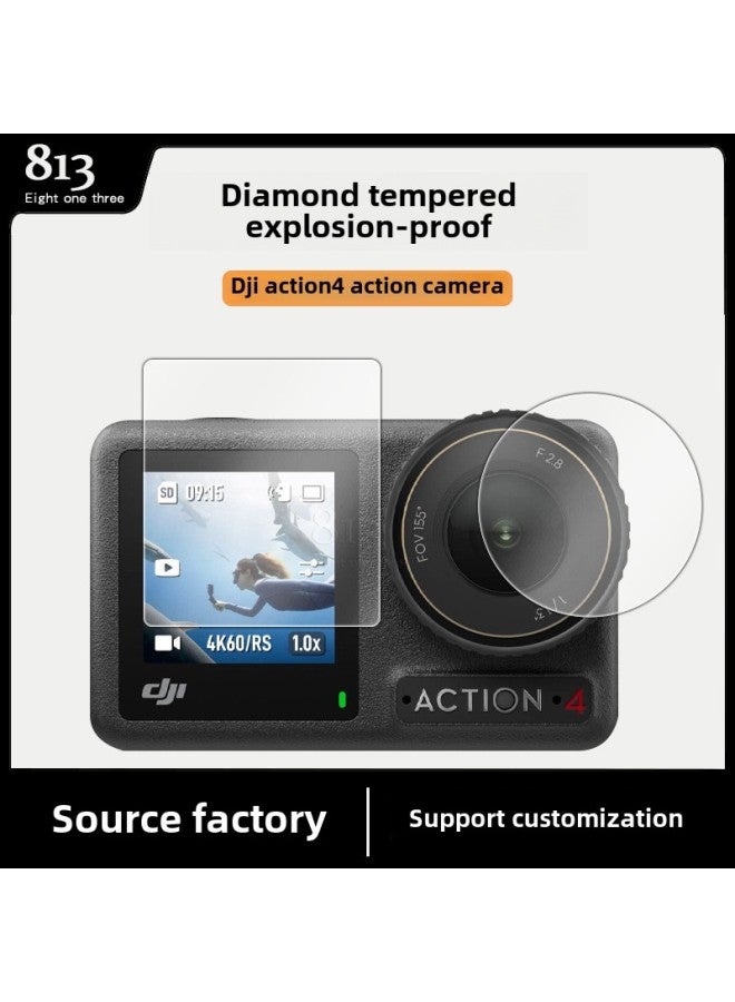 Suitable For DJI Action4 Tempered Film DJI Action 4 Osmo Action Camera Lens Tempered Film-Color:Dji Action4 Front Display Film - Large (full Screen Version) + Rear Display Film - Small + Lens Film - Round  Bare Chip  - Image 1