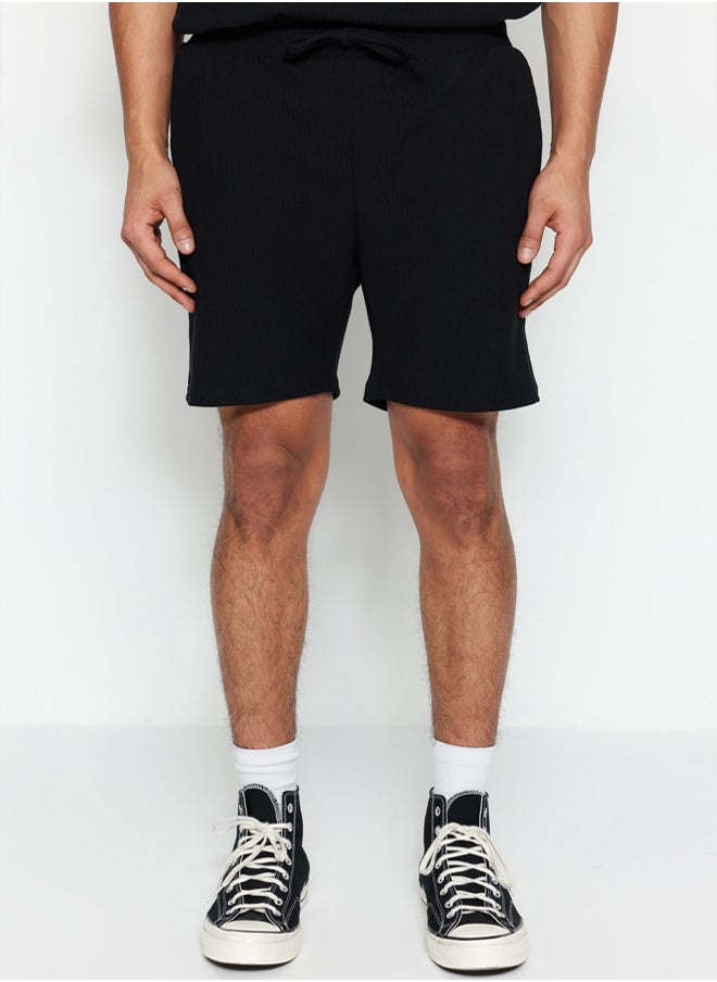 trendyol Basic Black Regular Cut Medium Length Lace Up Textured Wrinkle Resistant Ottoman Shorts  - Image 1